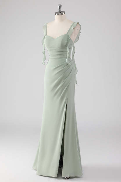 Sage Green Ruffled Sheath Long Bridesmaid Dress with Slit