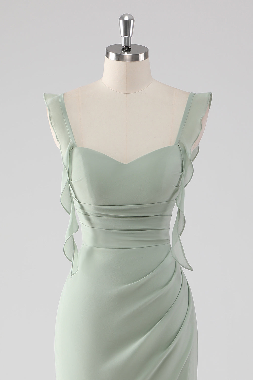 Sage Green Ruffled Sheath Long Bridesmaid Dress with Slit