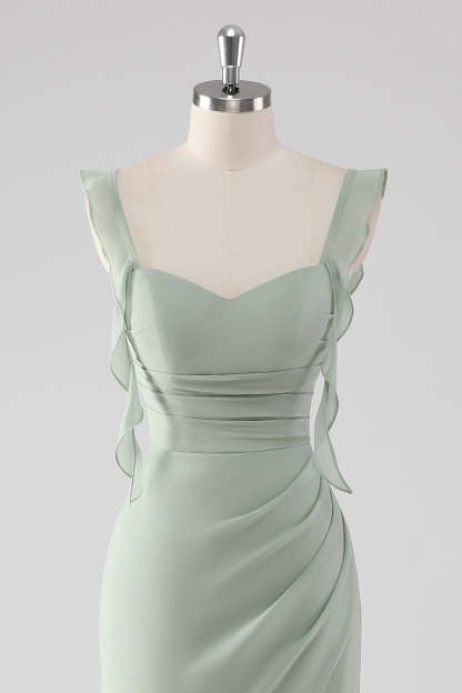 Sage Green Ruffled Sheath Long Bridesmaid Dress with Slit