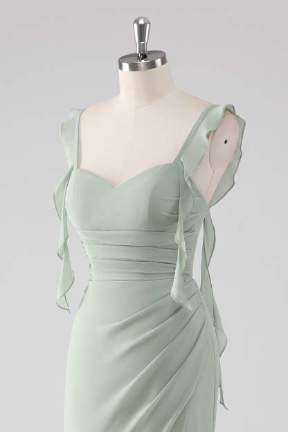 Sage Green Ruffled Sheath Long Bridesmaid Dress with Slit