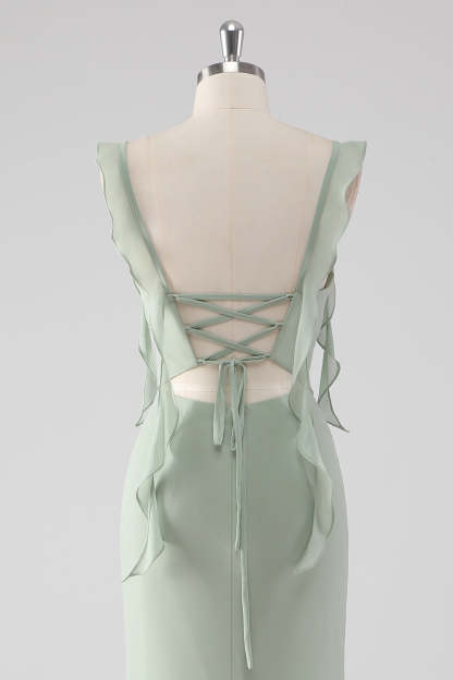 Sage Green Ruffled Sheath Long Bridesmaid Dress with Slit