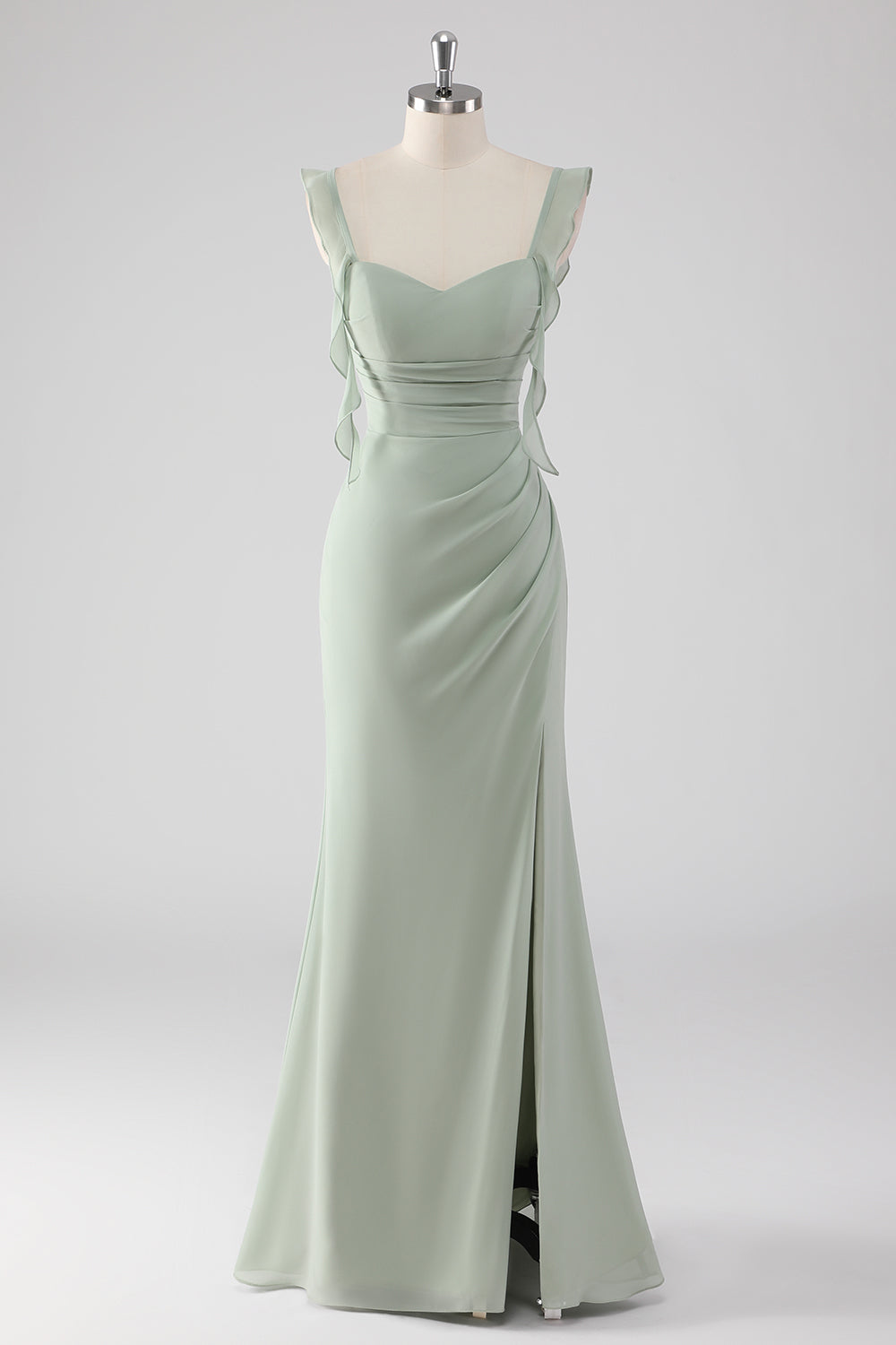 Leely Women Sage Green Sheath Ruffled Bridesmaid Dress with Slit Spaghetti Straps Long Wedding Guest Dress