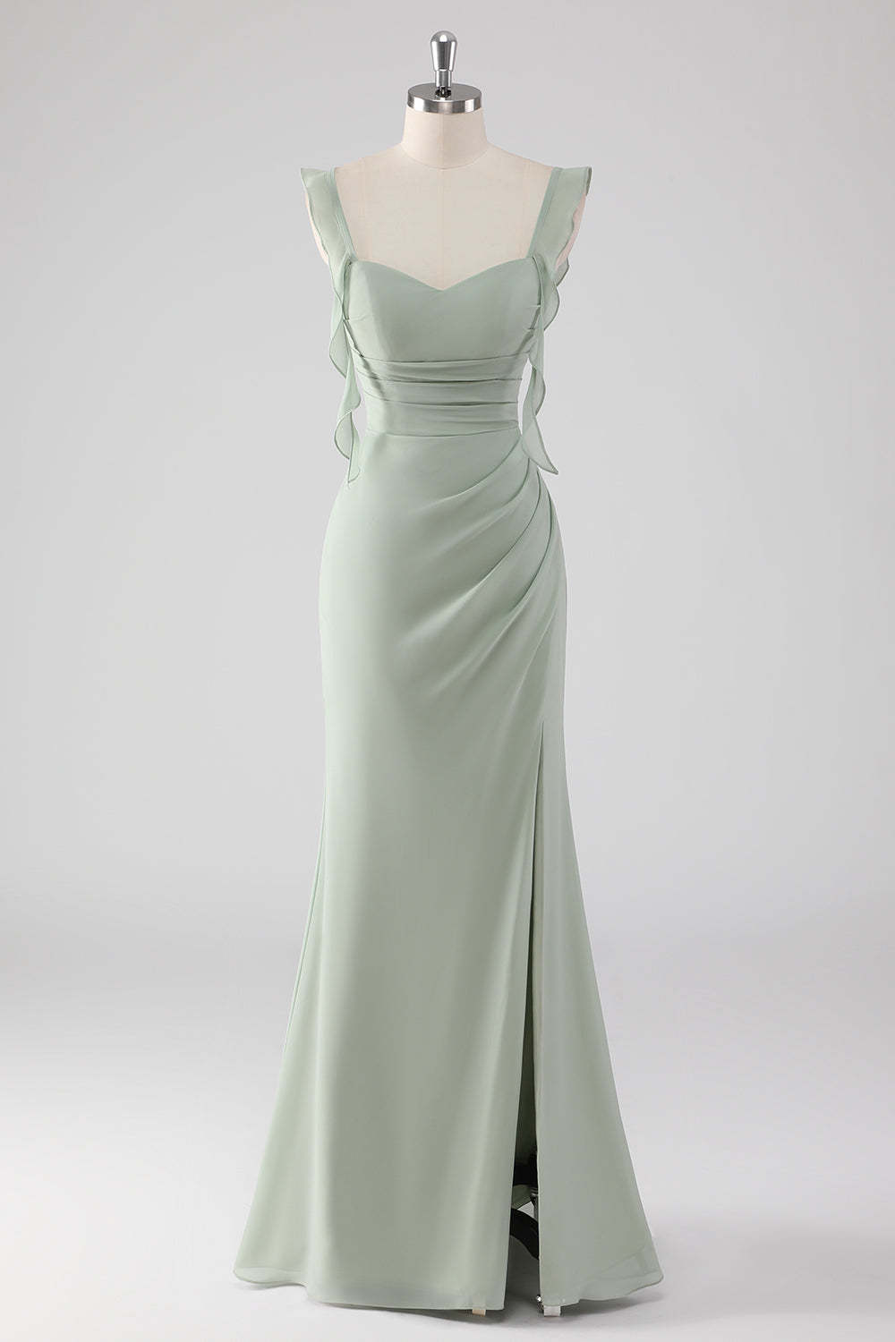 Leely Women Sage Green Sheath Ruffled Bridesmaid Dress with Slit Spaghetti Straps Long Wedding Guest Dress