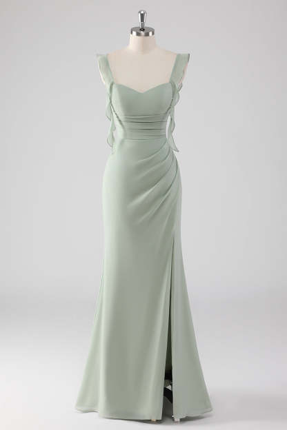 Leely Women Sage Green Sheath Ruffled Bridesmaid Dress with Slit Spaghetti Straps Long Wedding Guest Dress