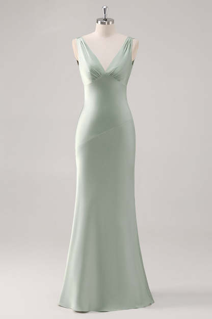 Satin Sheath Sage Green V Neck Backless Long Bridesmaid Dress