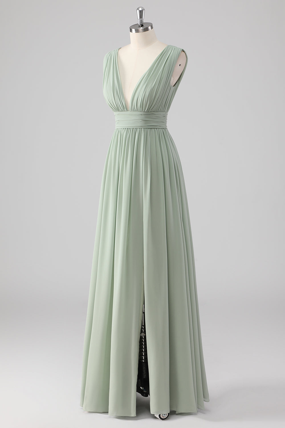 A Line Chiffon V Neck Long Sage Green Bridesmaid Dress with Slit