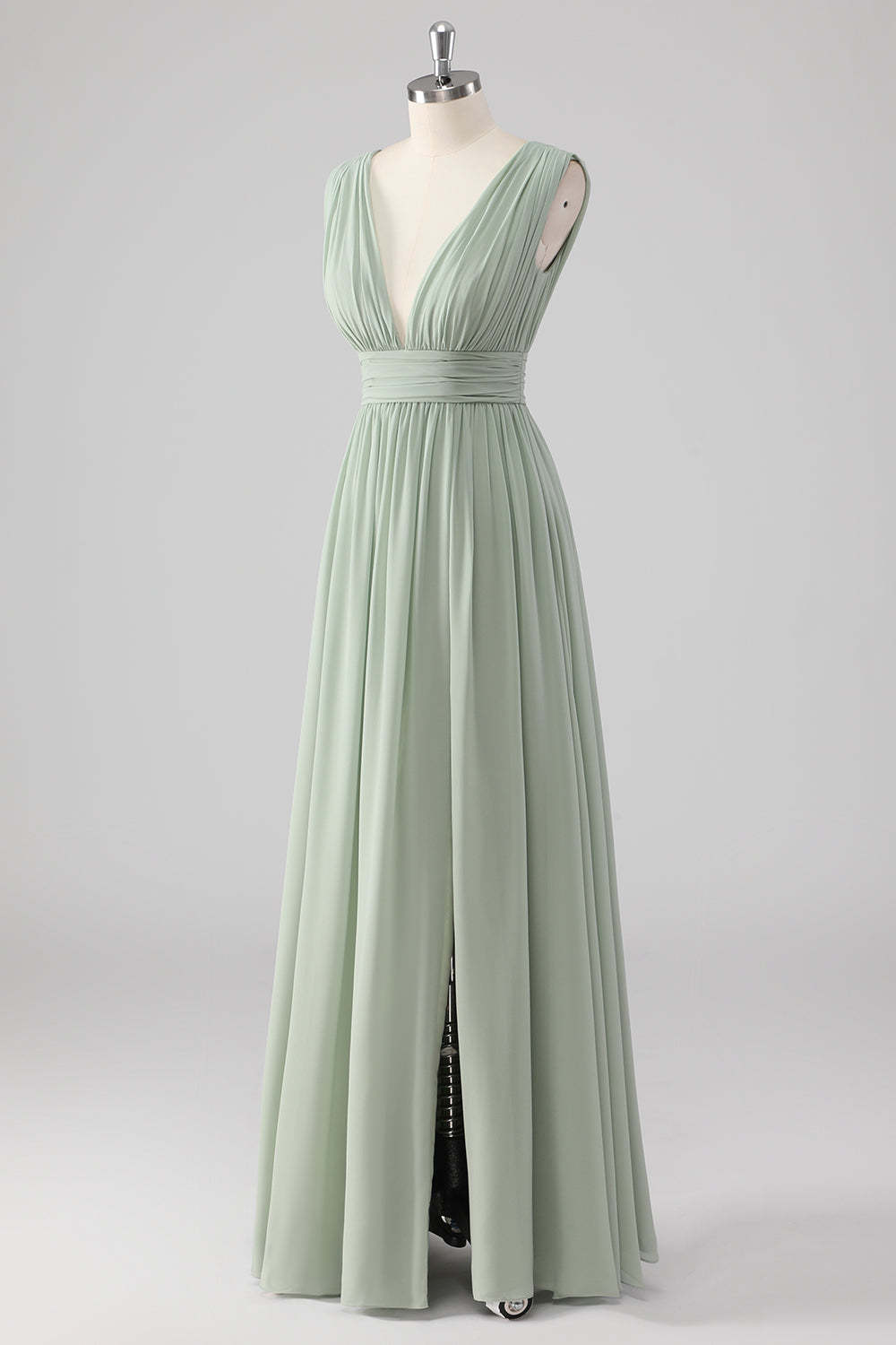 A Line Chiffon V Neck Long Sage Green Bridesmaid Dress with Slit