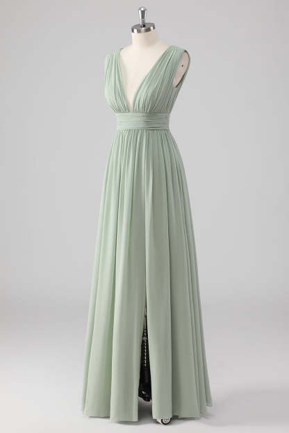 A Line Chiffon V Neck Long Sage Green Bridesmaid Dress with Slit