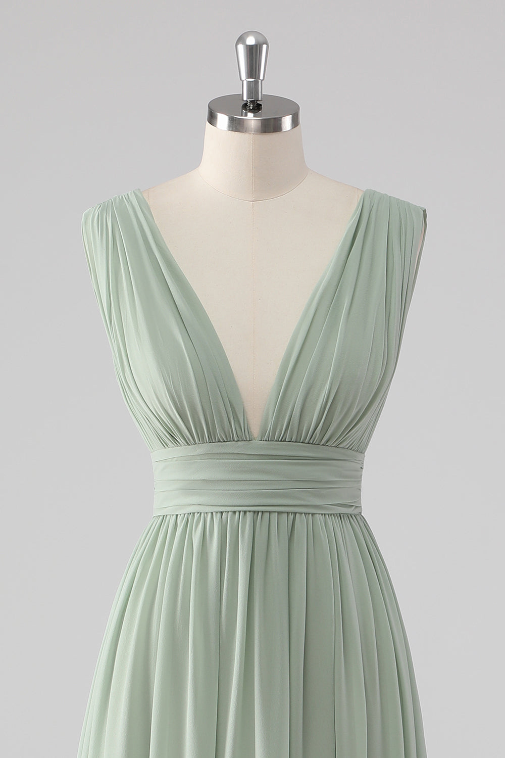 A Line Chiffon V Neck Long Sage Green Bridesmaid Dress with Slit