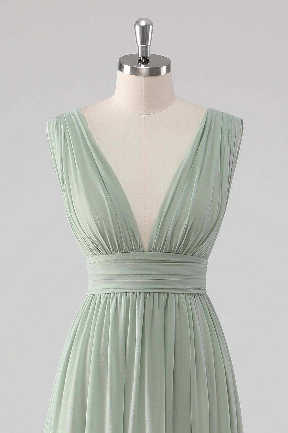 A Line Chiffon V Neck Long Sage Green Bridesmaid Dress with Slit