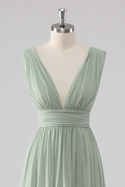 A Line Chiffon V Neck Long Sage Green Bridesmaid Dress with Slit
