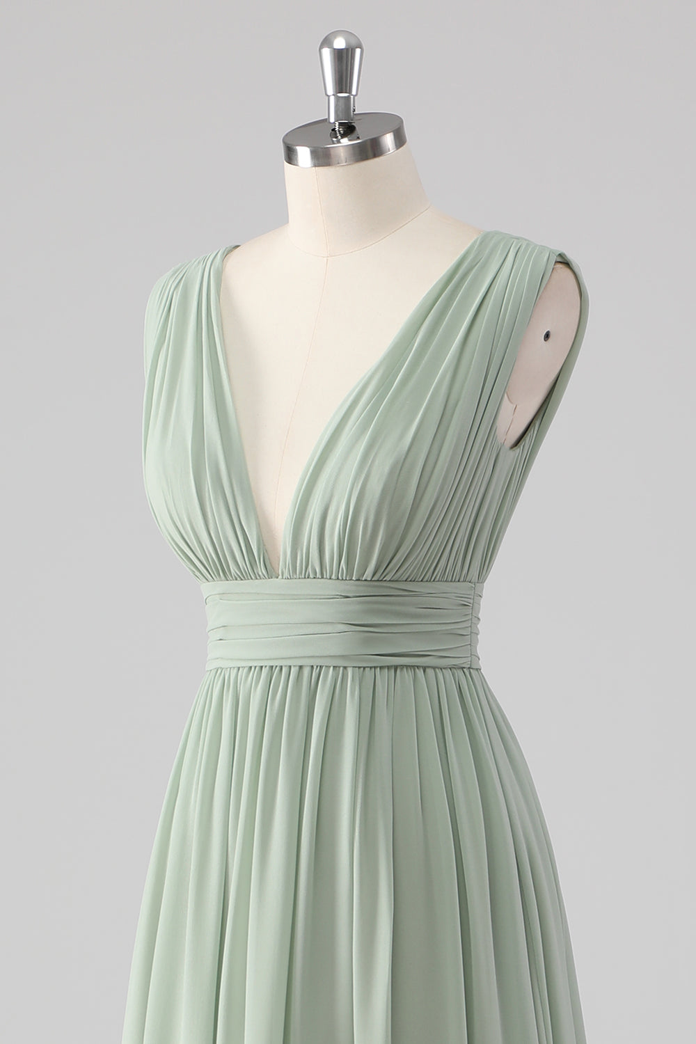 A Line Chiffon V Neck Long Sage Green Bridesmaid Dress with Slit