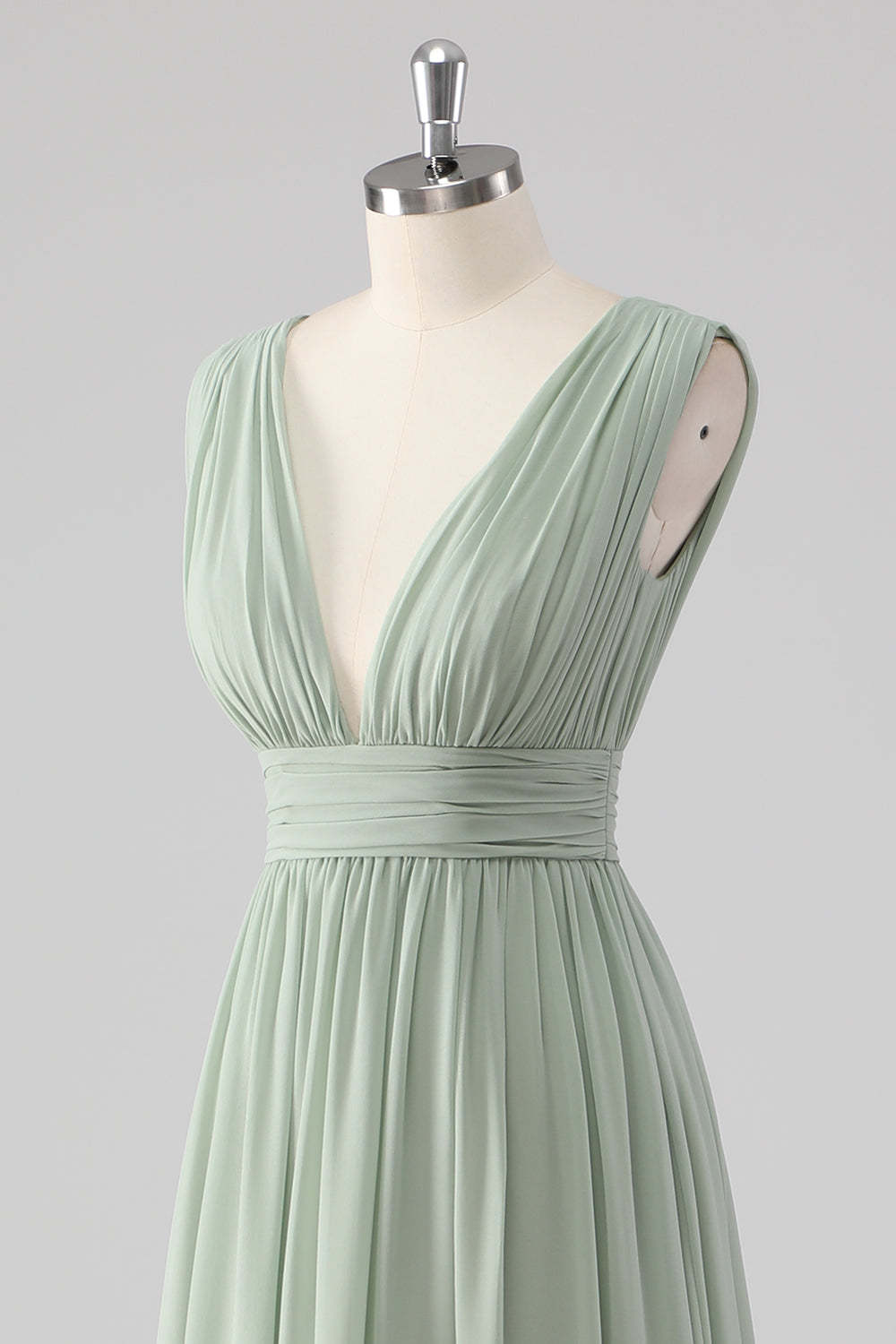 A Line Chiffon V Neck Long Sage Green Bridesmaid Dress with Slit