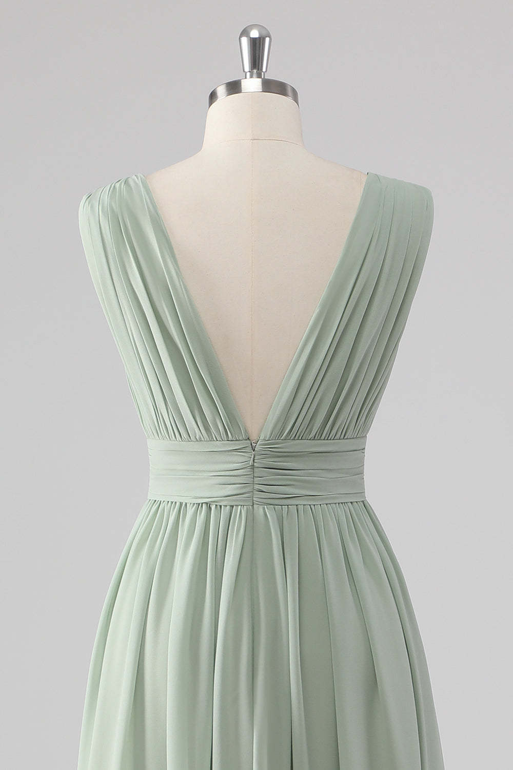 A Line Chiffon V Neck Long Sage Green Bridesmaid Dress with Slit