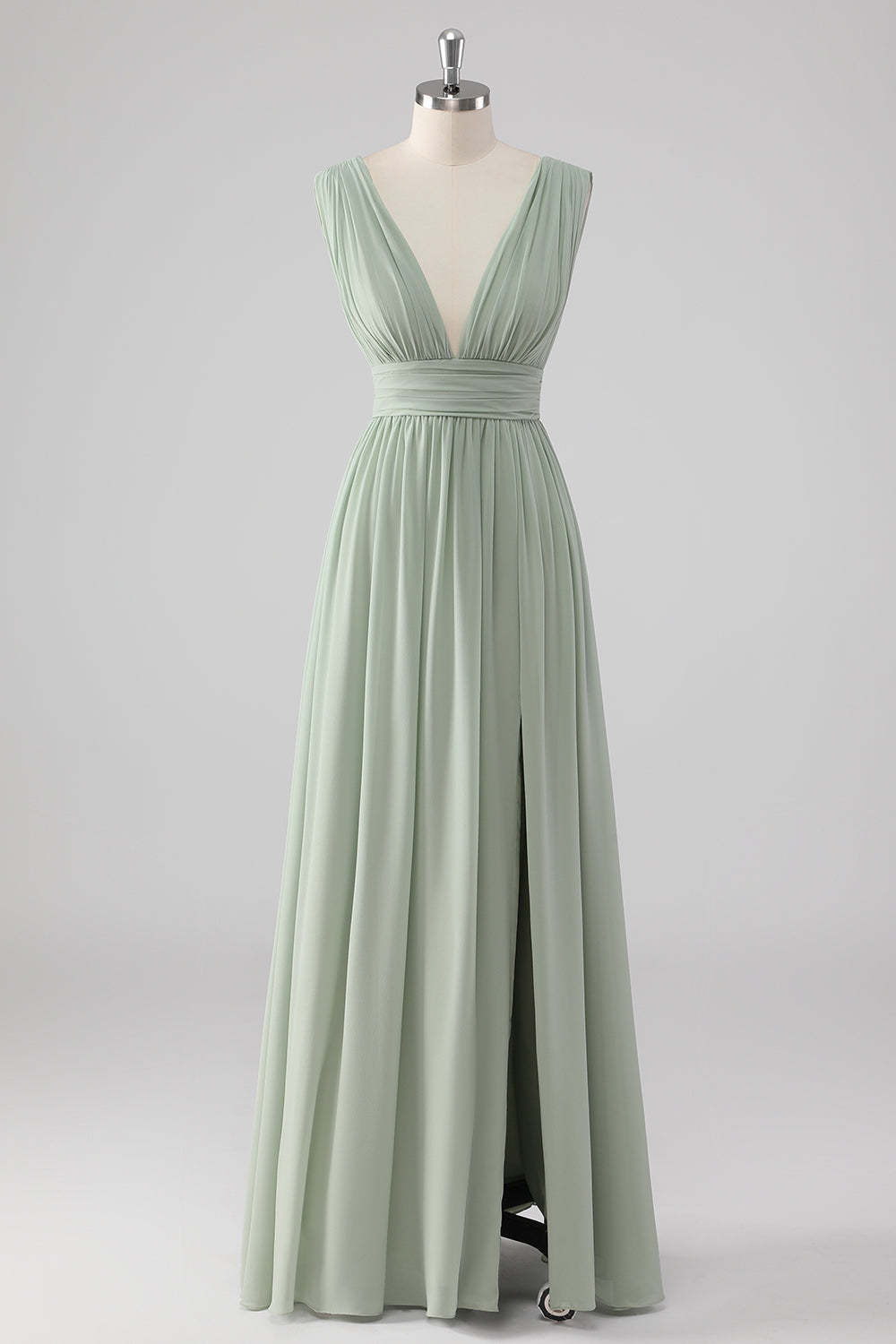 Leely Women A Line Long Sage Green Bridesmaid Dress with Slit Pleated Chiffon V Neck Wedding Guest Dress