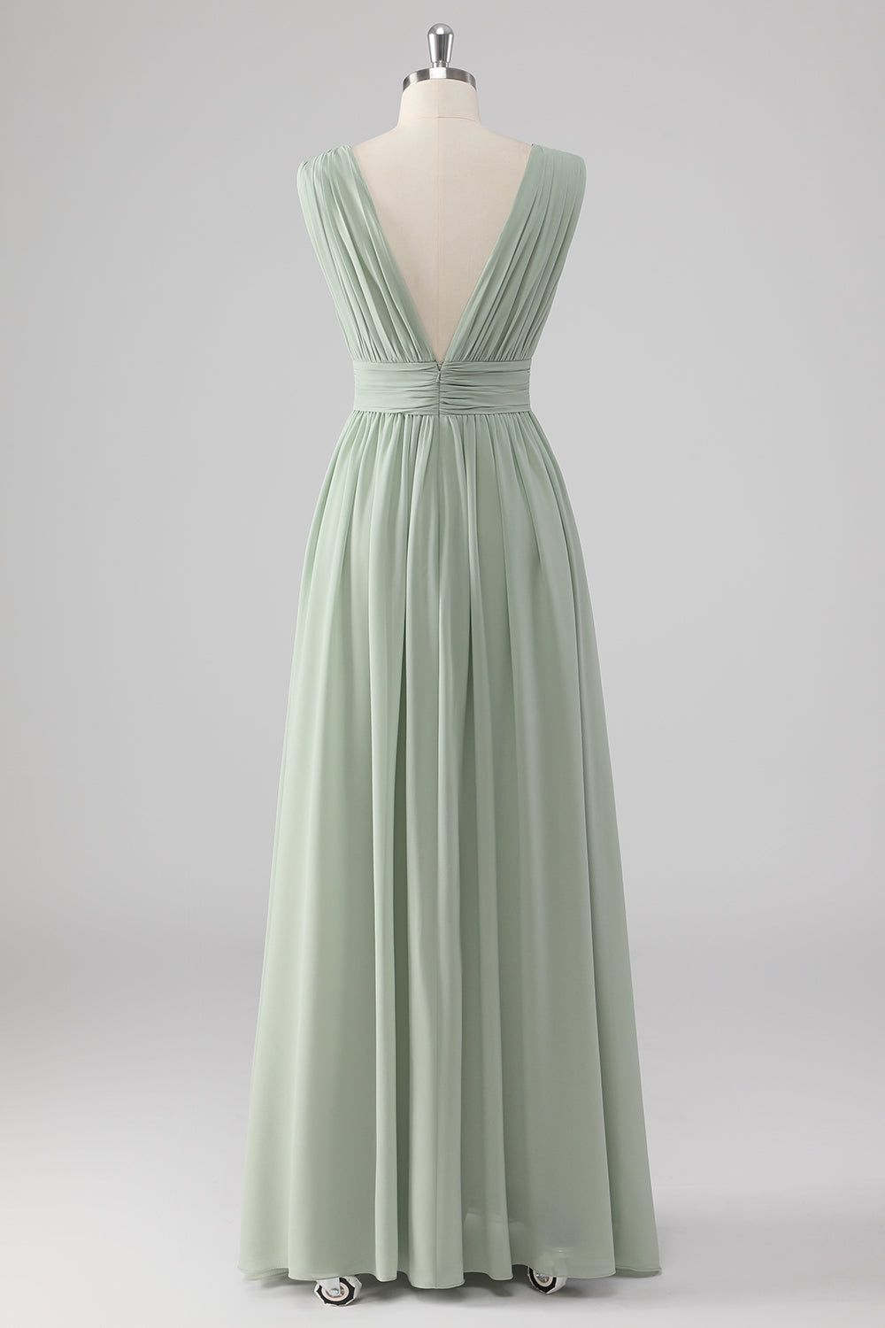 A Line Chiffon V Neck Long Sage Green Bridesmaid Dress with Slit
