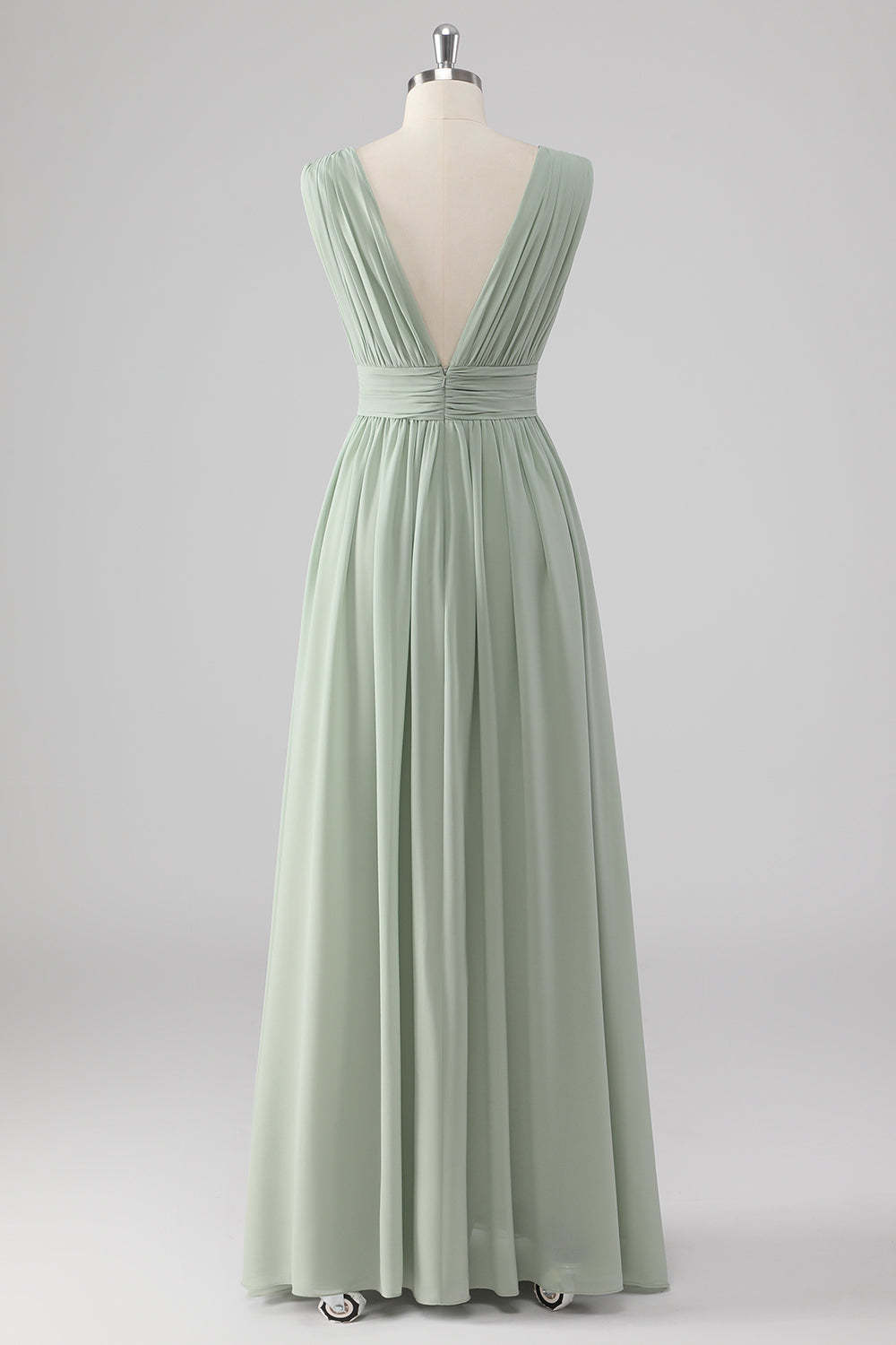 A Line Chiffon V Neck Long Sage Green Bridesmaid Dress with Slit
