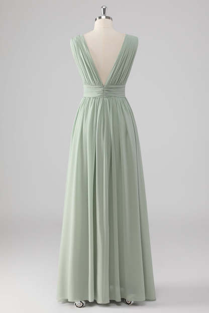 A Line Chiffon V Neck Long Sage Green Bridesmaid Dress with Slit
