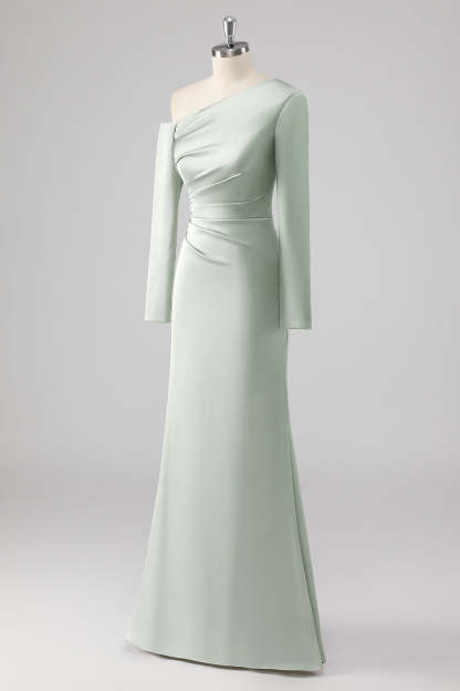 Sage One Shoulder Satin Ruched Sheath Bridesmaid Dress
