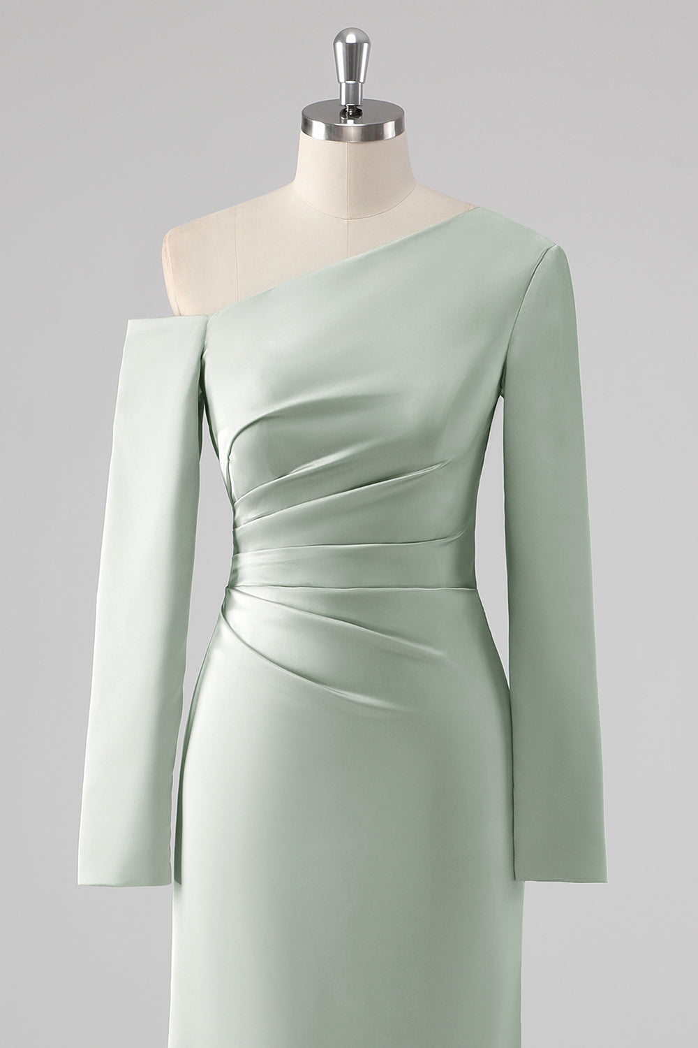 Sage One Shoulder Satin Ruched Sheath Bridesmaid Dress