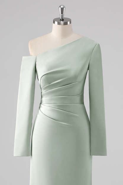 Sage One Shoulder Satin Ruched Sheath Bridesmaid Dress