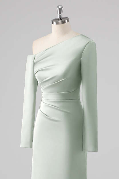 Sage One Shoulder Satin Ruched Sheath Bridesmaid Dress