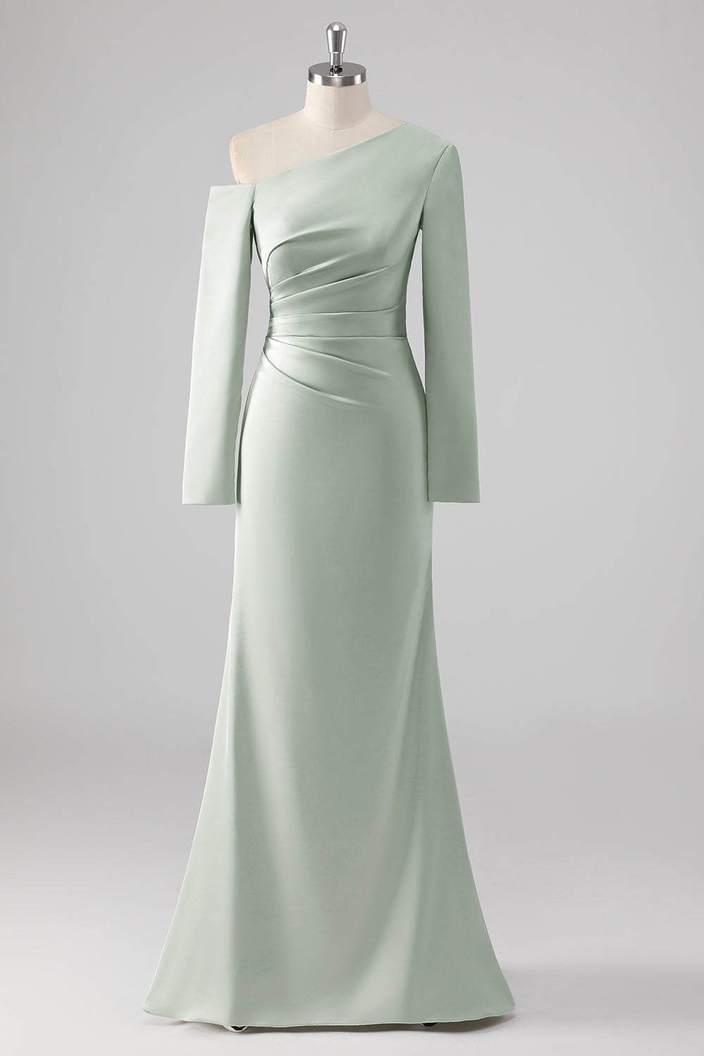 Sage One Shoulder Satin Ruched Sheath Bridesmaid Dress