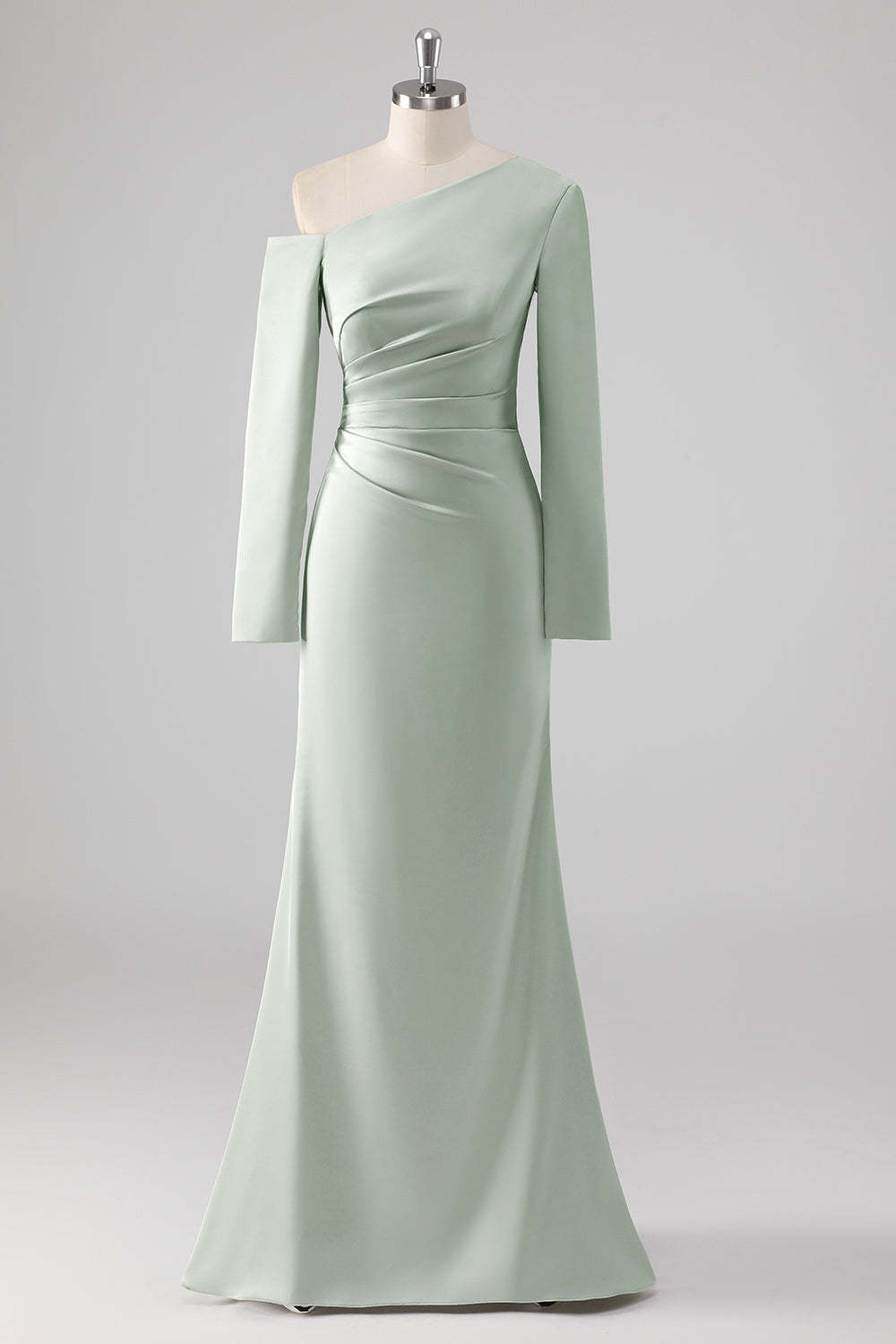 Leely Women One Shoulder Sheath Satin Sage Bridesmaid Dress Long Sleeves Ruched Wedding Guest Dress