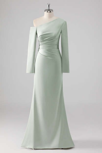 Leely Women One Shoulder Sheath Satin Sage Bridesmaid Dress Long Sleeves Ruched Wedding Guest Dress