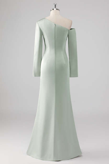 Sage One Shoulder Satin Ruched Sheath Bridesmaid Dress