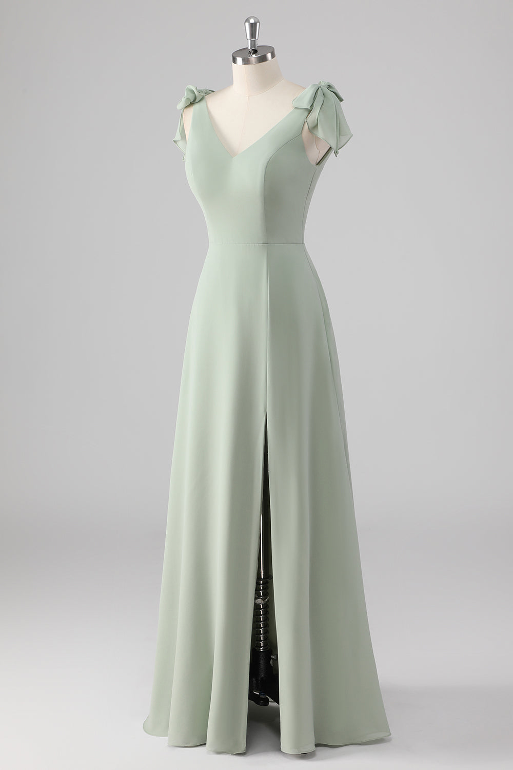 Sage Green V Neck A Line Bow Tie Bridesmaid Dress with Slit