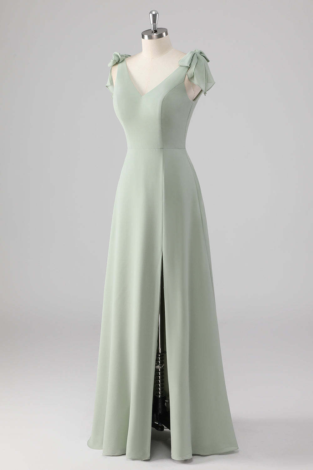 Sage Green V Neck A Line Bow Tie Bridesmaid Dress with Slit