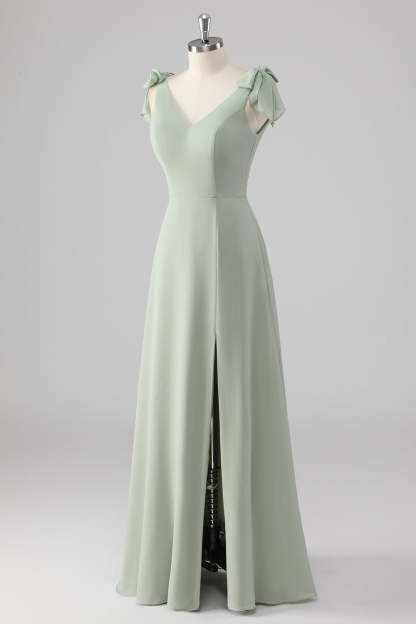 Sage Green V Neck A Line Bow Tie Bridesmaid Dress with Slit