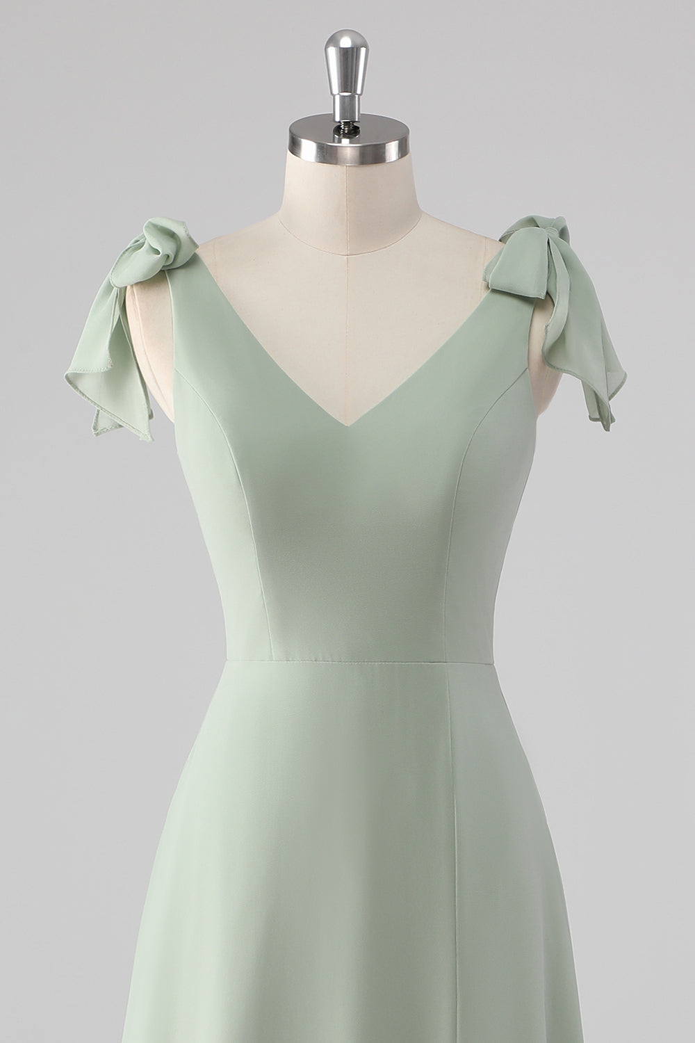 Sage Green V Neck A Line Bow Tie Bridesmaid Dress with Slit