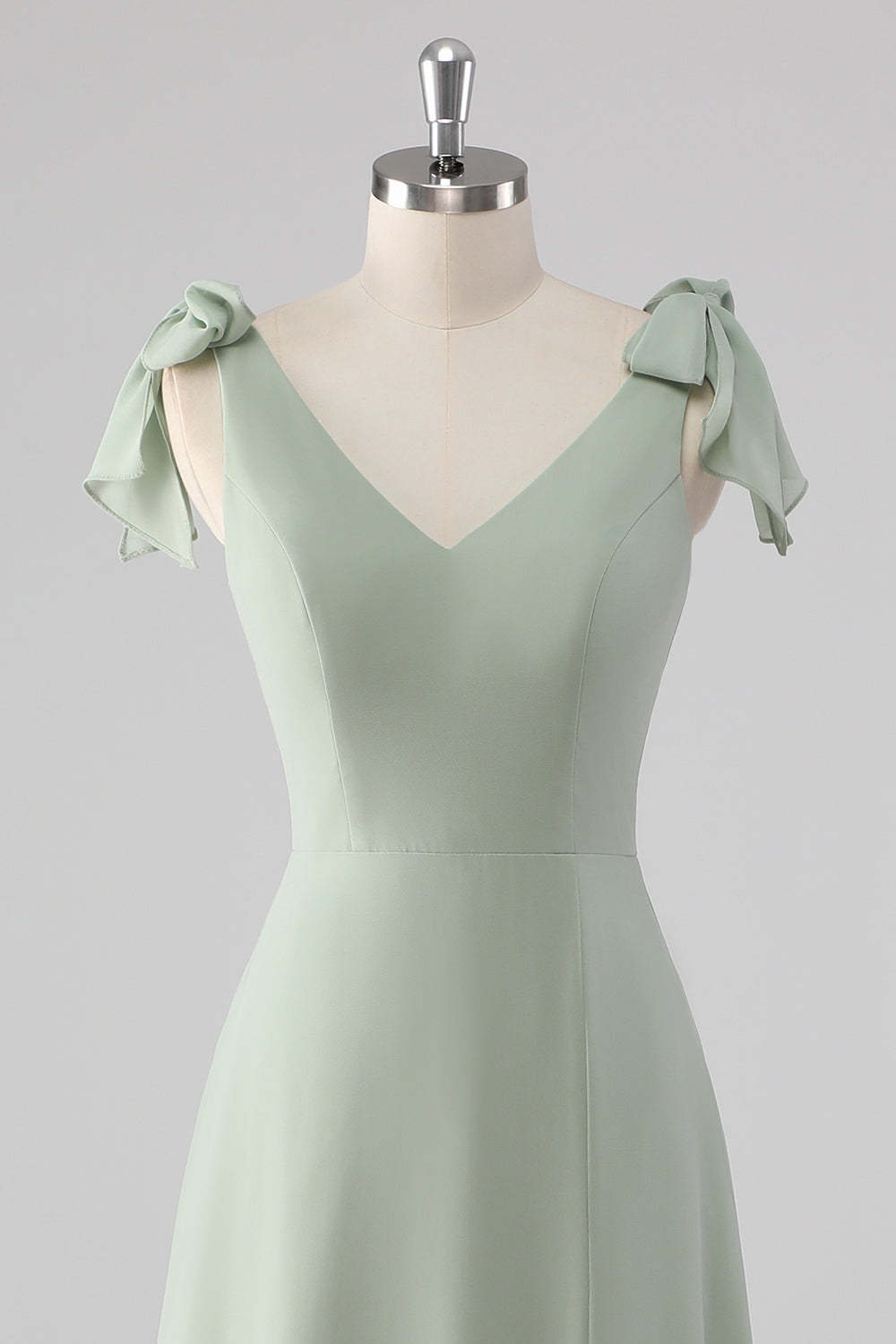 Sage Green V Neck A Line Bow Tie Bridesmaid Dress with Slit