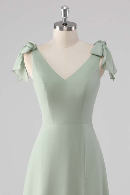 Sage Green V Neck A Line Bow Tie Bridesmaid Dress with Slit