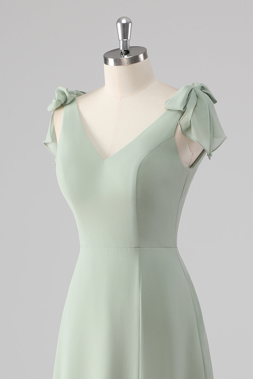 Sage Green V Neck A Line Bow Tie Bridesmaid Dress with Slit