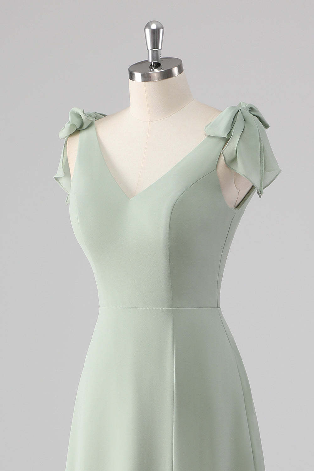 Sage Green V Neck A Line Bow Tie Bridesmaid Dress with Slit