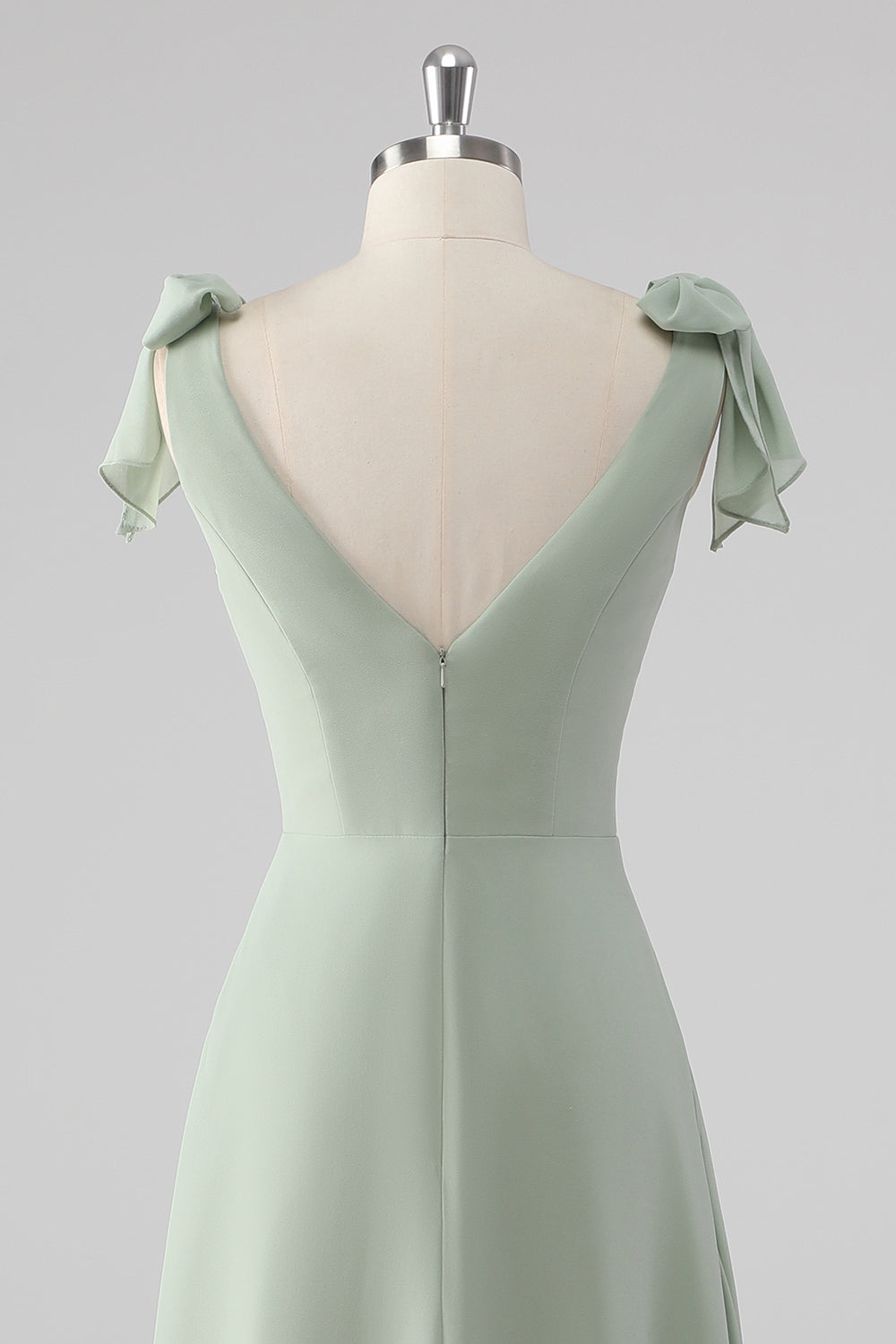 Sage Green V Neck A Line Bow Tie Bridesmaid Dress with Slit