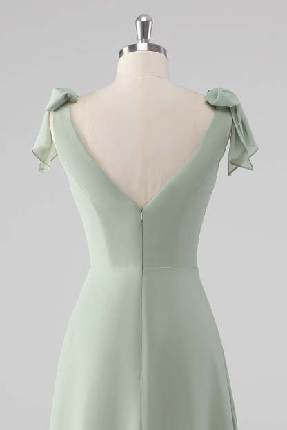 Sage Green V Neck A Line Bow Tie Bridesmaid Dress with Slit
