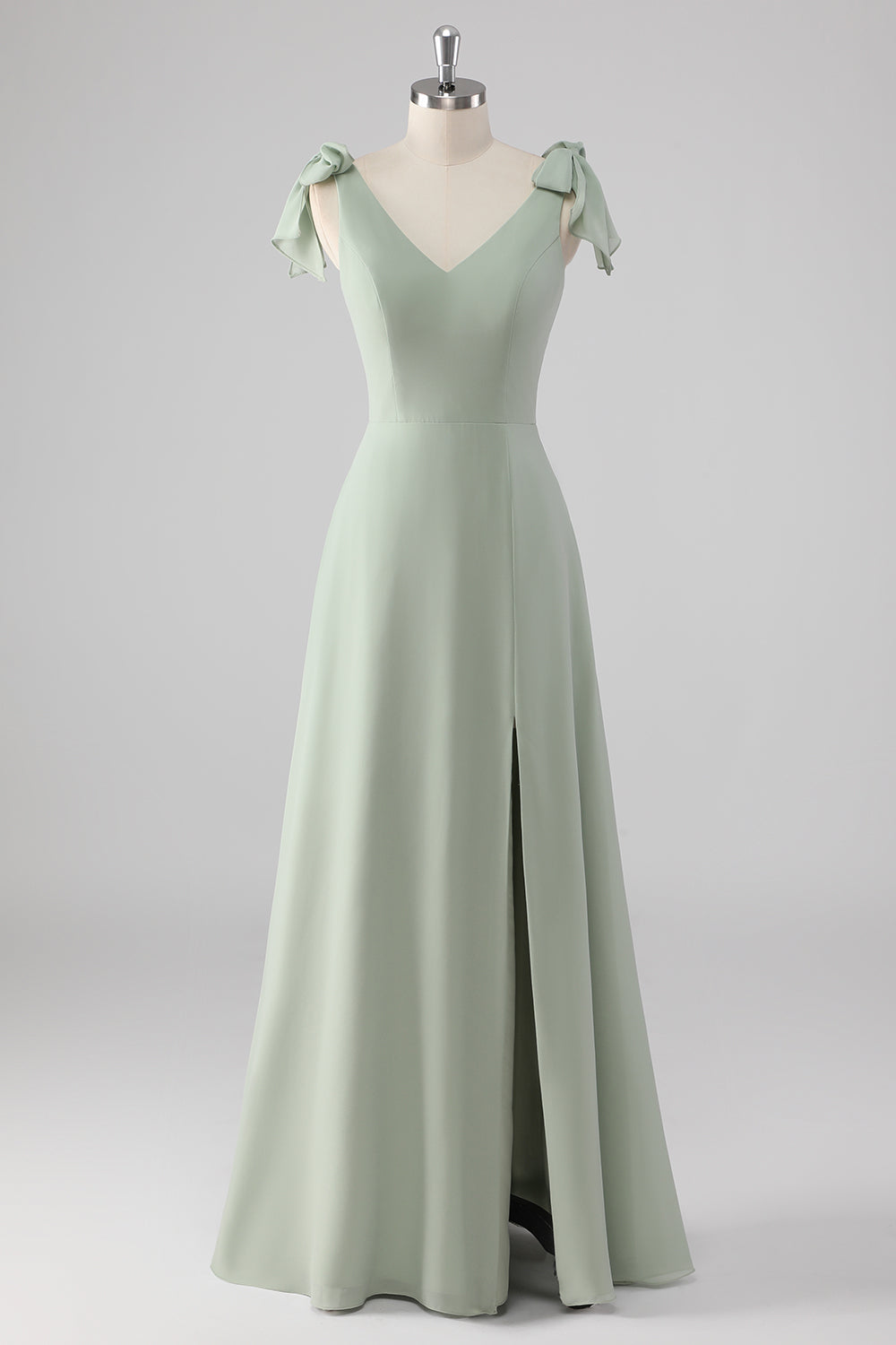 Leely Women Sage Green A Line Bridesmaid Dress with Slit V Neck Bow Tie Long Wedding Guest Dress