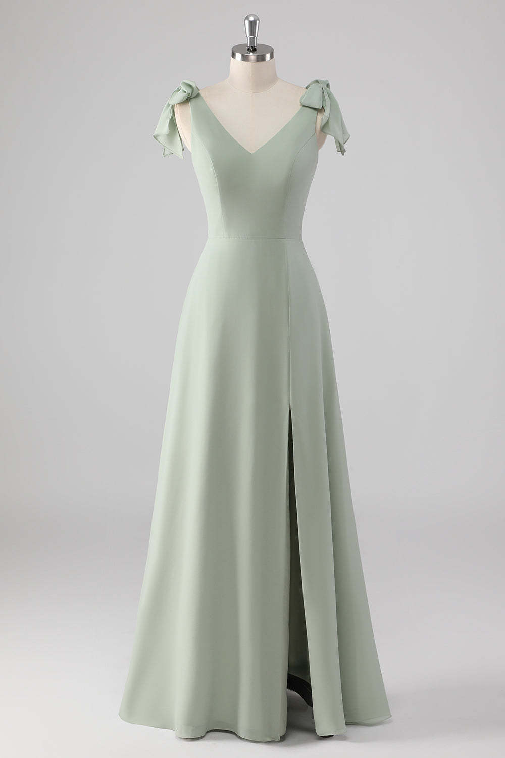 Leely Women Sage Green A Line Bridesmaid Dress with Slit V Neck Bow Tie Long Wedding Guest Dress