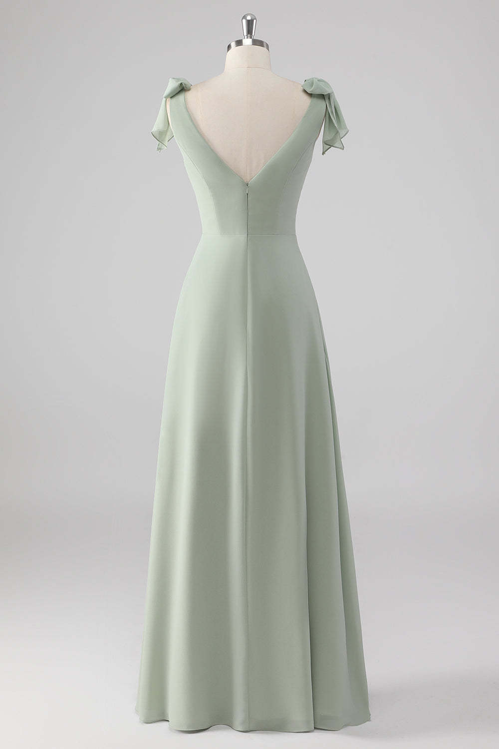 Sage Green V Neck A Line Bow Tie Bridesmaid Dress with Slit