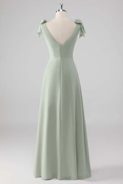 Sage Green V Neck A Line Bow Tie Bridesmaid Dress with Slit