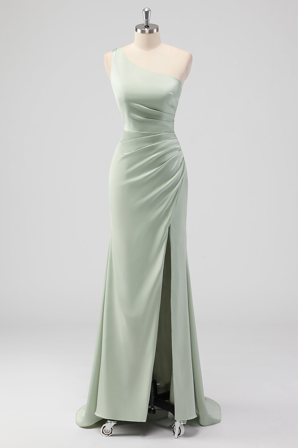 Leely Women Sage Green Sheath Ruched Bridesmaid Dress with Slit One Shoulder Satin Floor Length Wedding Guest Dress