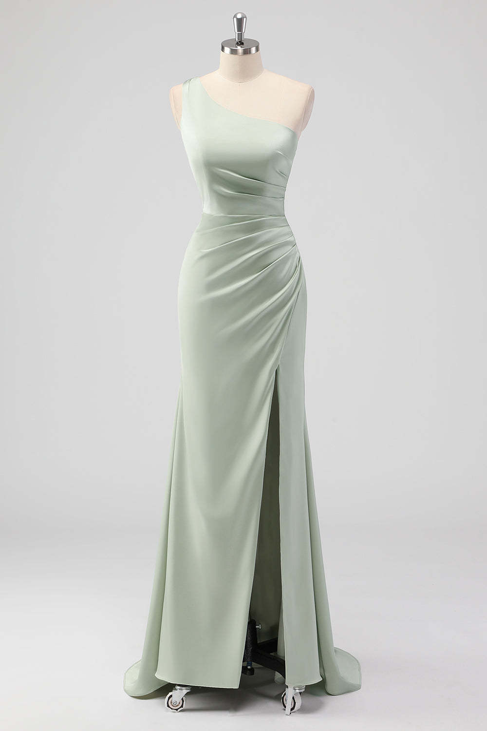 Leely Women Sage Green Sheath Ruched Bridesmaid Dress with Slit One Shoulder Satin Floor Length Wedding Guest Dress