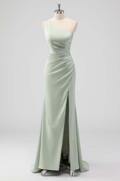 Leely Women Sage Green Sheath Ruched Bridesmaid Dress with Slit One Shoulder Satin Floor Length Wedding Guest Dress