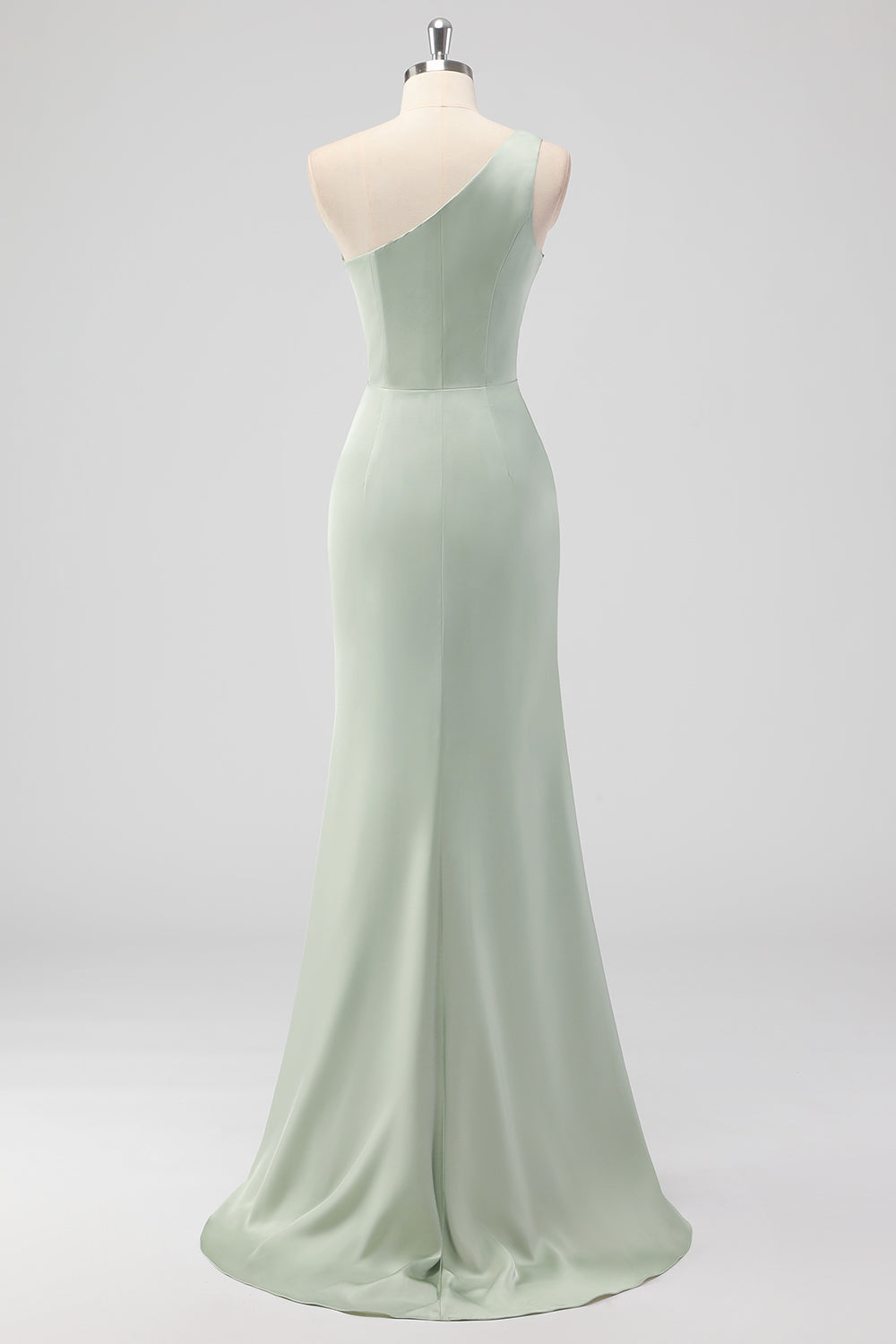 One Shoulder Sage Green Sheath Ruched Bridesmaid Dress with Slit