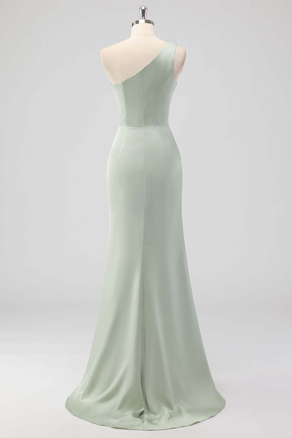 One Shoulder Sage Green Sheath Ruched Bridesmaid Dress with Slit