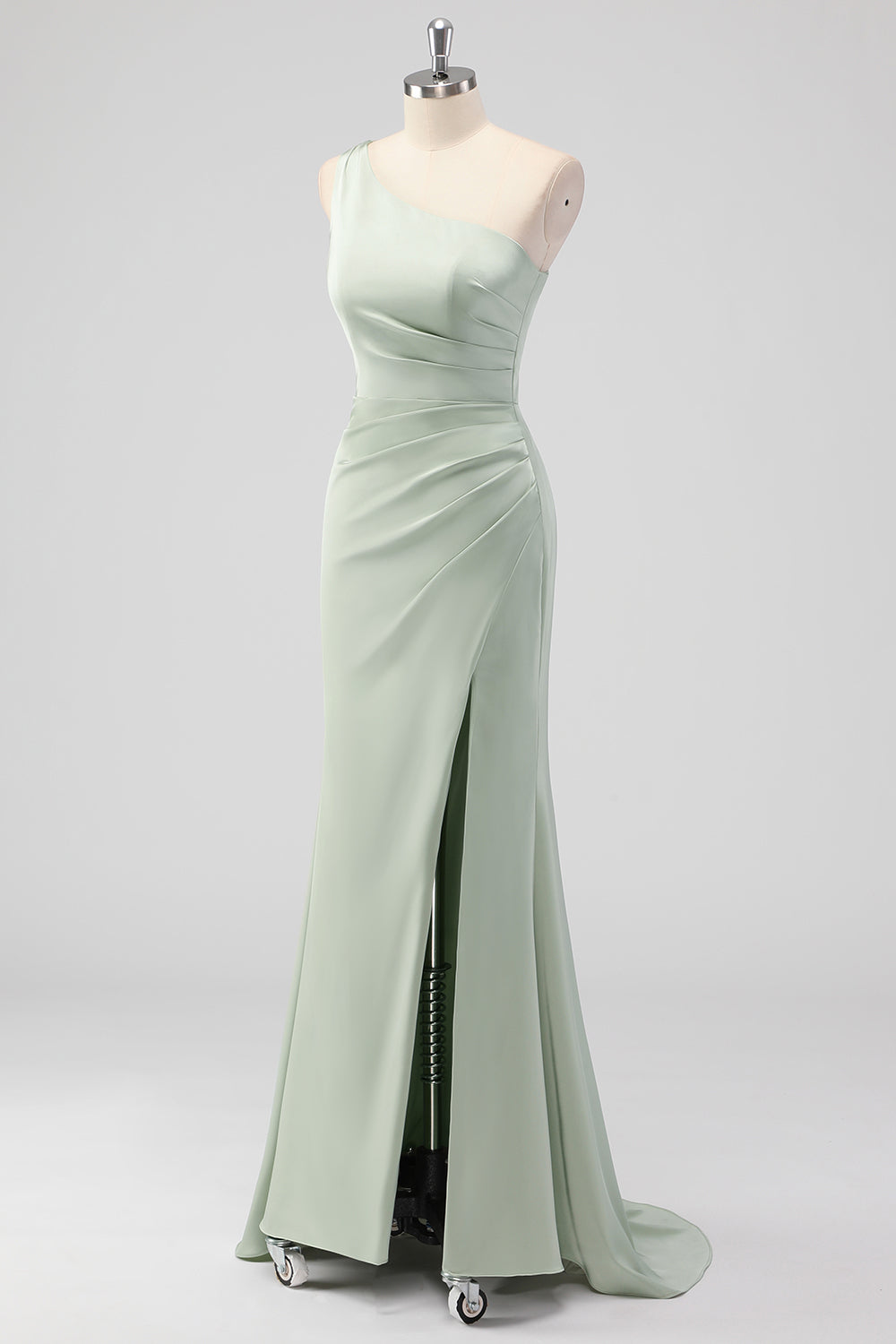 One Shoulder Sage Green Sheath Ruched Bridesmaid Dress with Slit